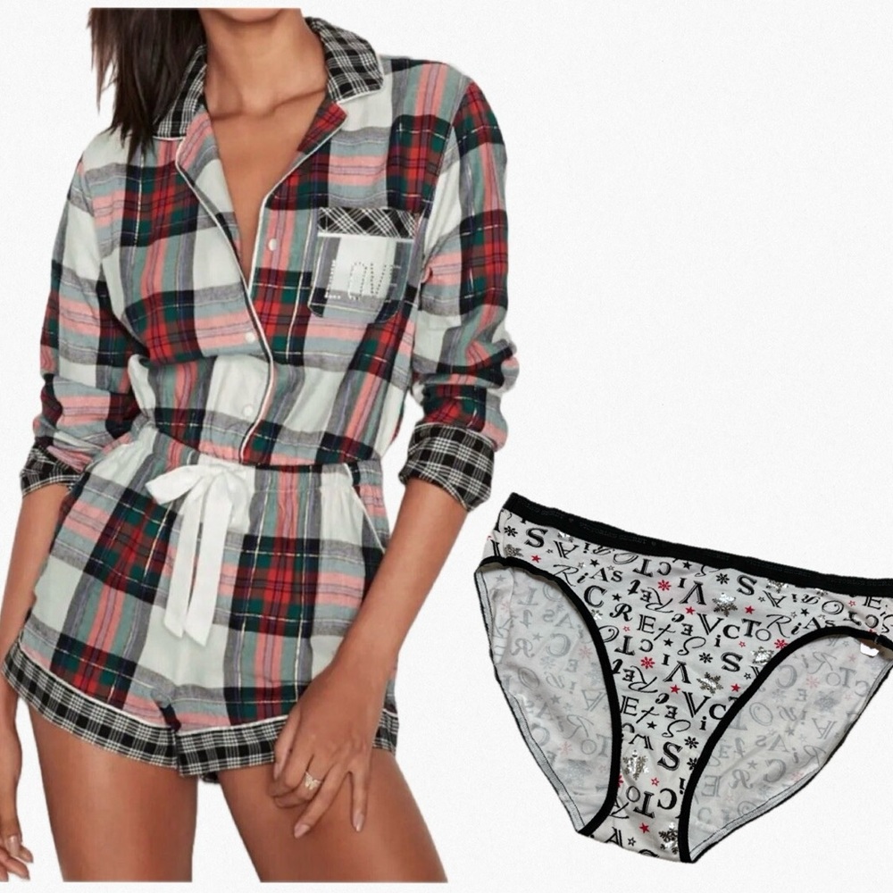 Victoria's Secret Holiday Plaid Flannel Rhinestone Romper & Bikini Panty Set, M